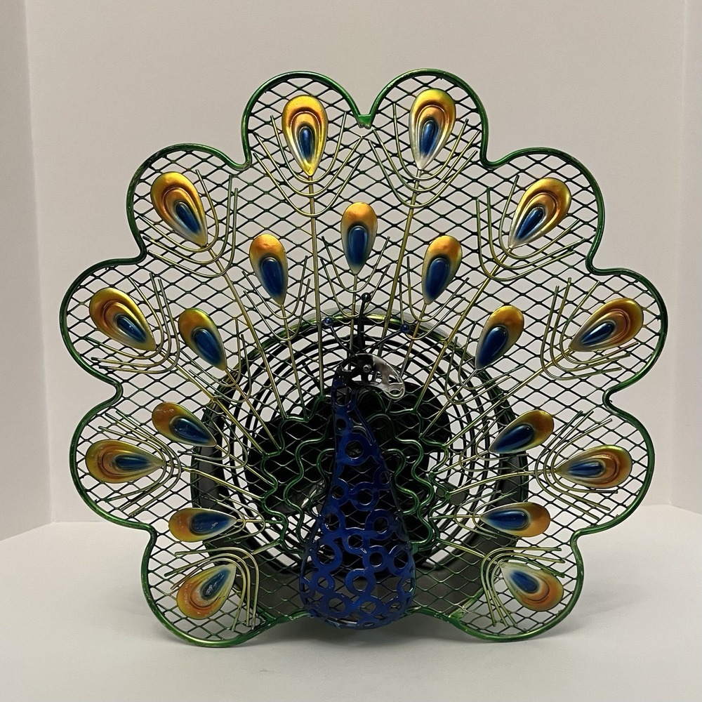 Deco Breeze Peacock Shaped Fan Desktop Tabletop Electric Green Blue 12"H x 13"W